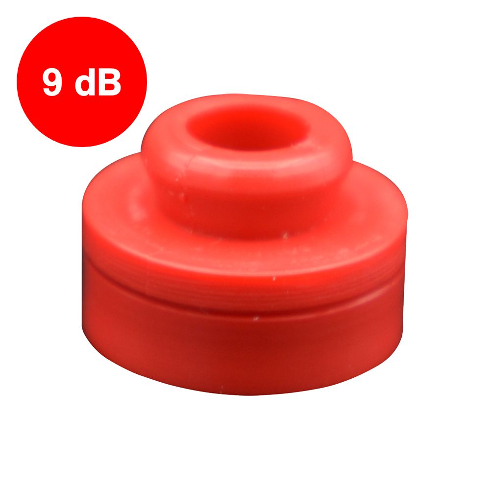 A red, cylindrical rubber component with a central hole, featuring a red circular icon labeled