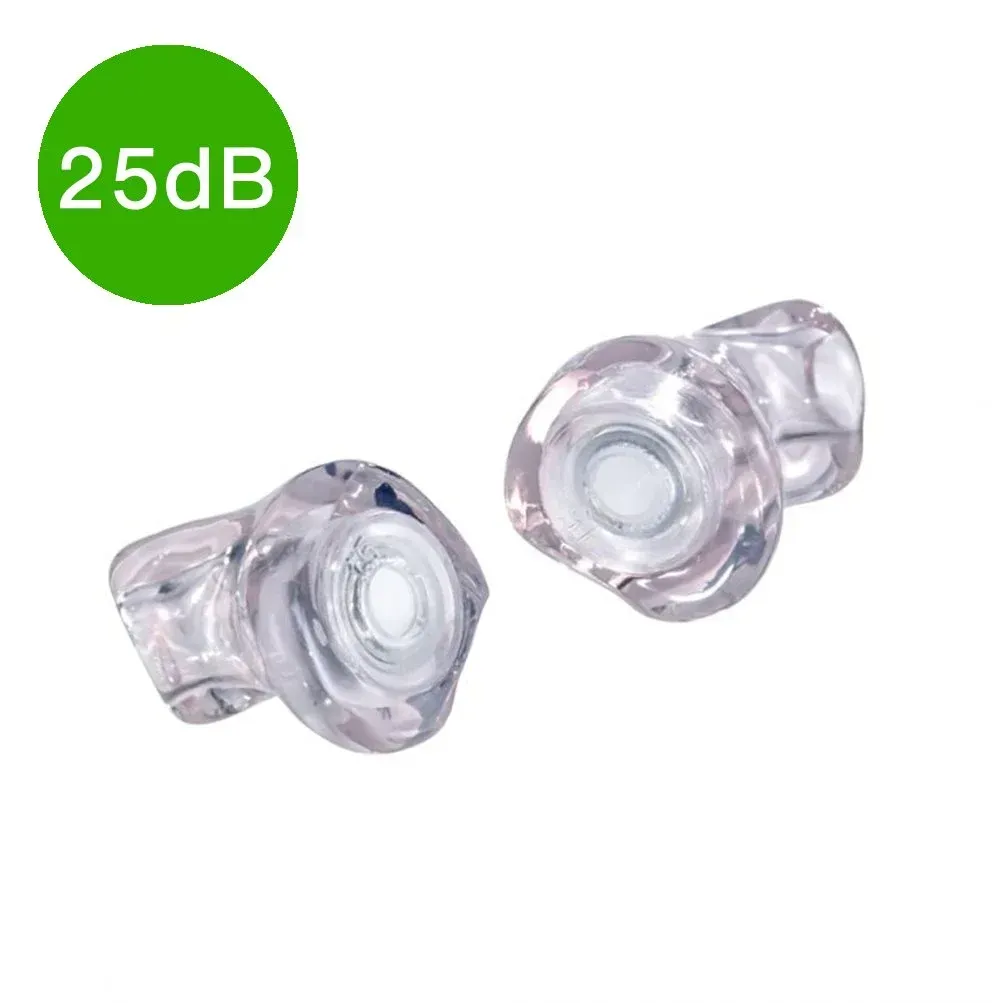 Two transparent, custom-molded earplugs with a 25dB noise reduction rating displayed in a green circle.