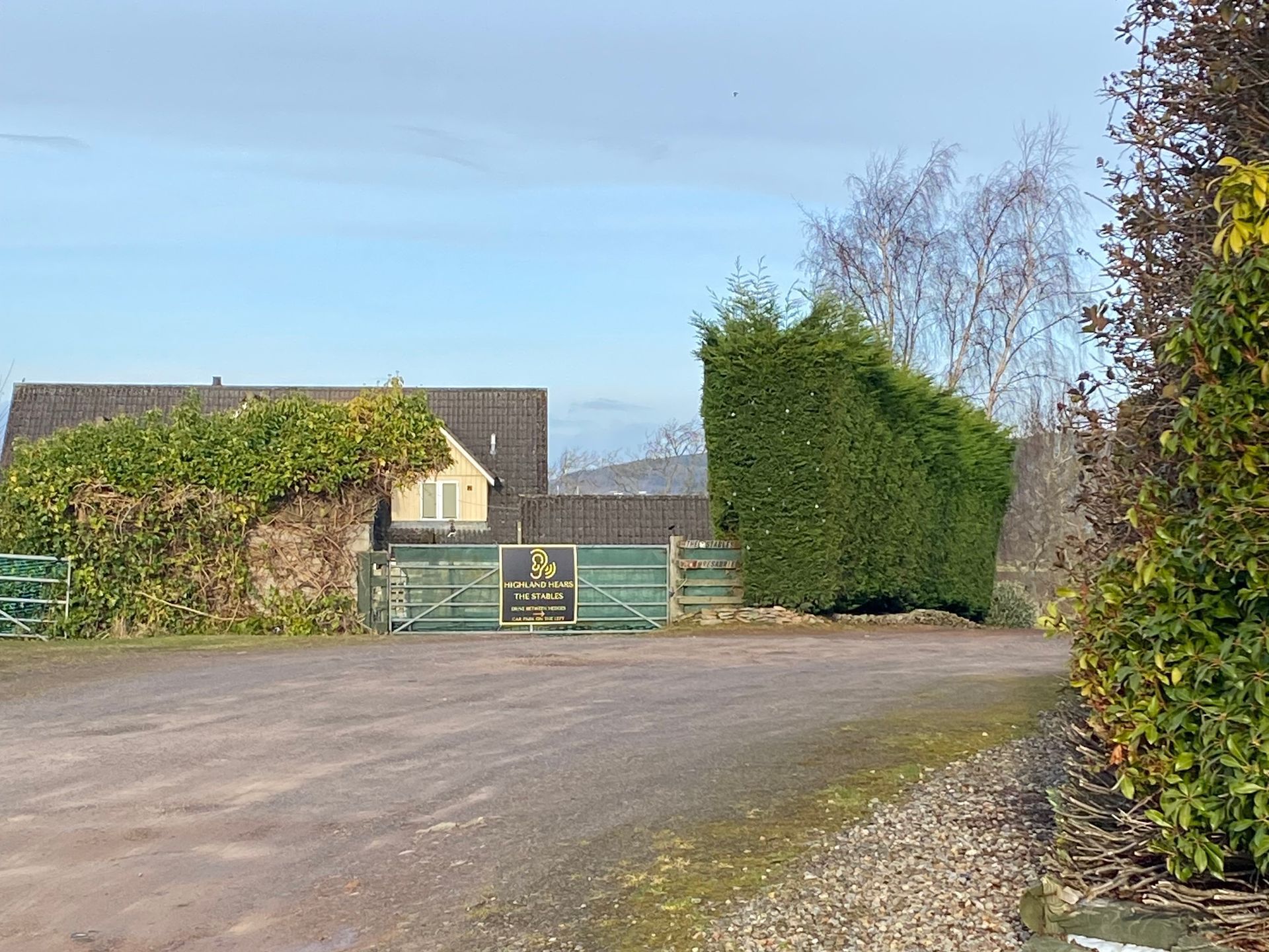 A gravel driveway leads to a green metal gate in front of a house, partially obscured by lush green hedges and trees.