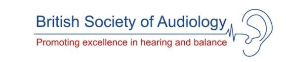 Logo for the British Society of Audiology with a line drawing of an ear featuring a heart rate pulse line.