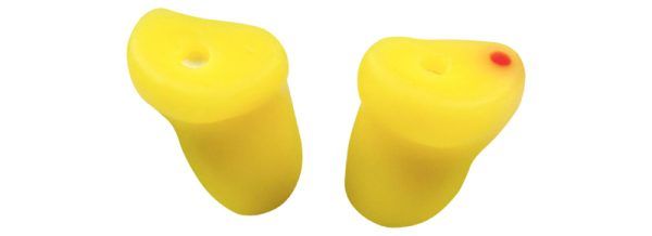 Two yellow foam earplugs side by side, one with a small red dot on the top surface.