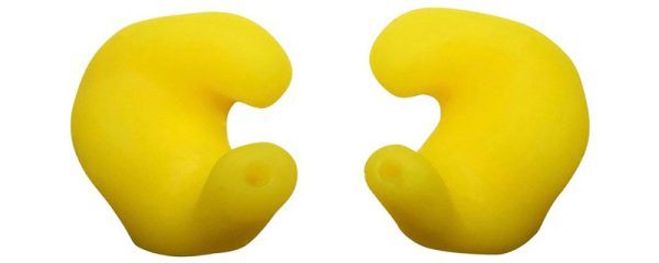 A pair of bright yellow, molded silicone earplugs shaped to fit inside the outer ear.