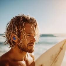 Man with tousled blond hair holding a surfboard on a sunny beach, wearing blue earbuds