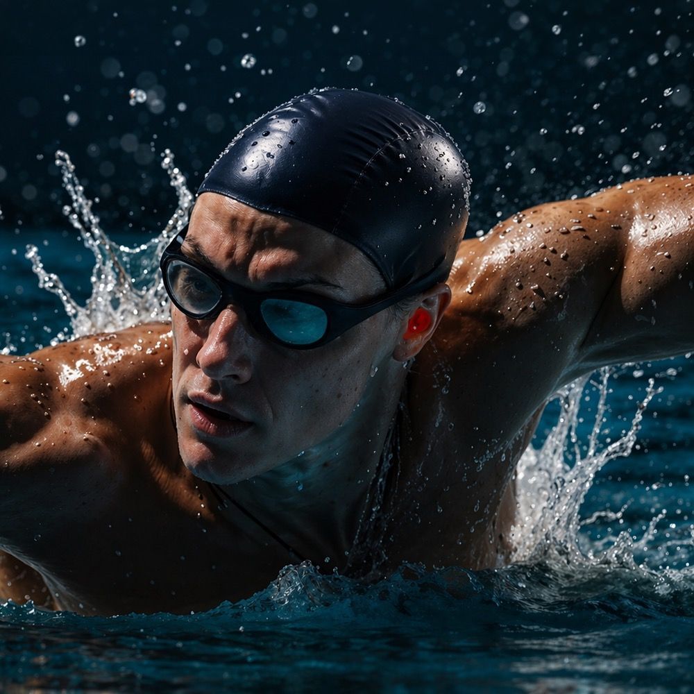 Swimmer in a black cap and goggles powering through open water, splashing heavily.
