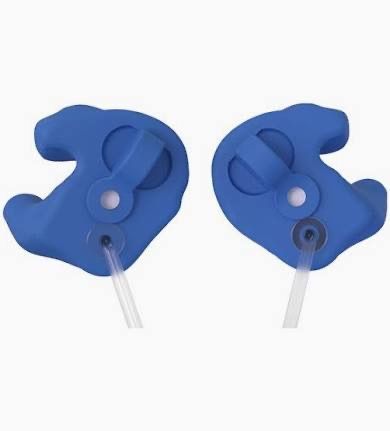Two blue hearing aids with clear tubes, shown side by side on a white background