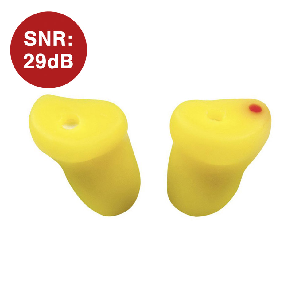 A pair of yellow earplugs against a white background, with a red circular label indicating an SNR of 29dB.