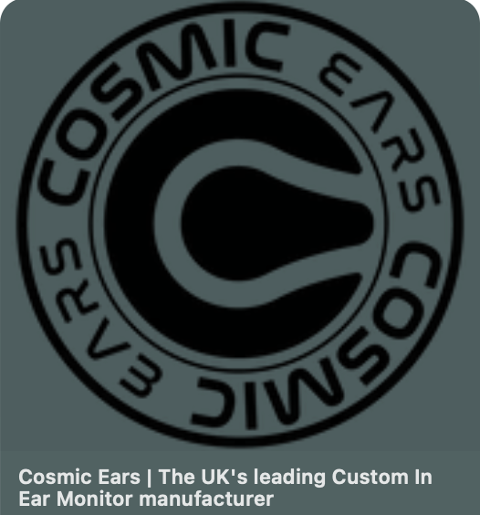 Black circular Cosmic Ears logo on a dark gray background, with the text The UK's leading Custom In Ear Monitor manufacturer.