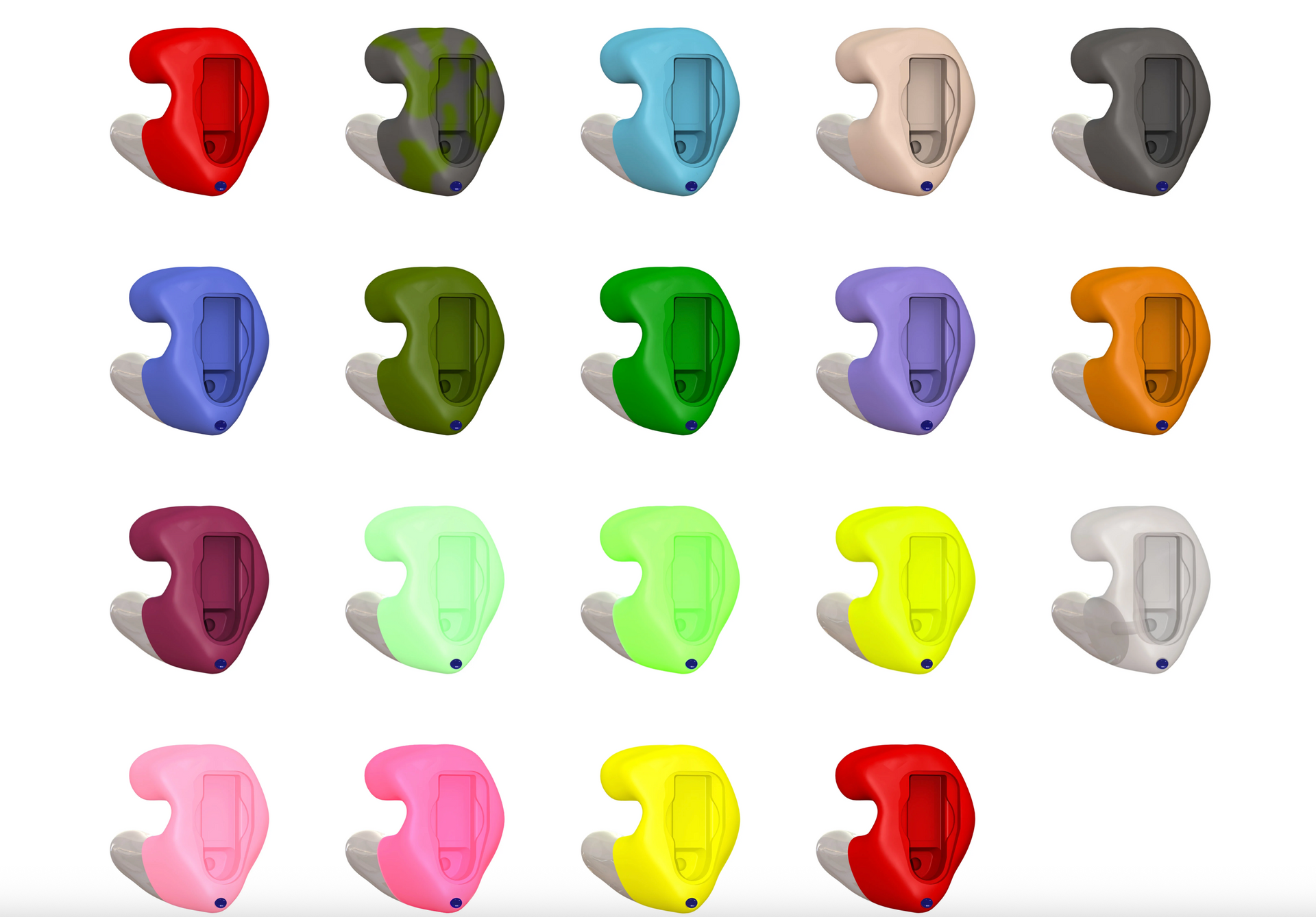 Assorted colorful small 3D objects arranged in rows on a white background.