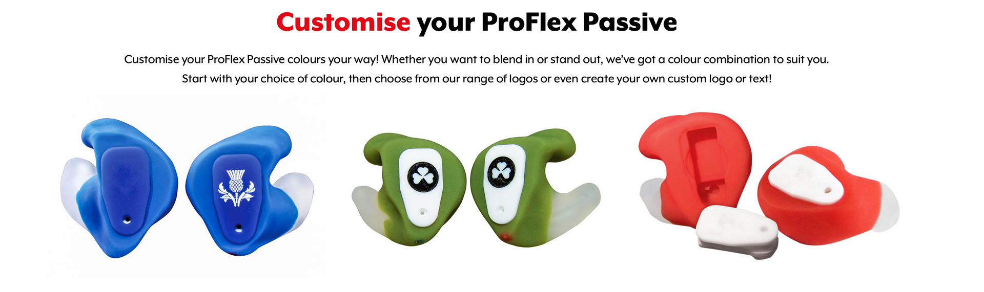 Customizable ProFlex Passive earplugs in blue, green, and red with carrying cases