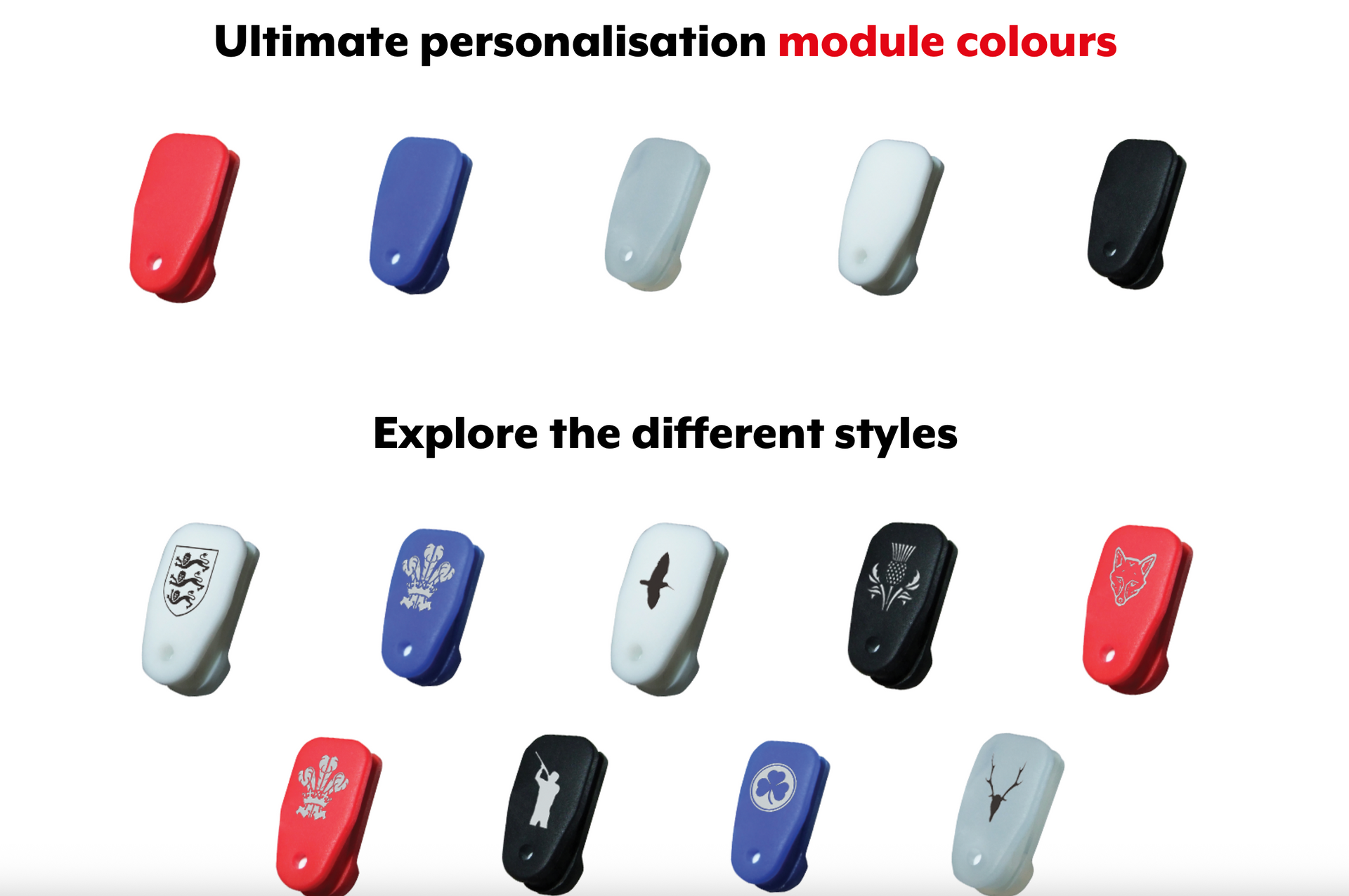 Color options for a module: rows of small device covers in red, blue, gray, white, and black.