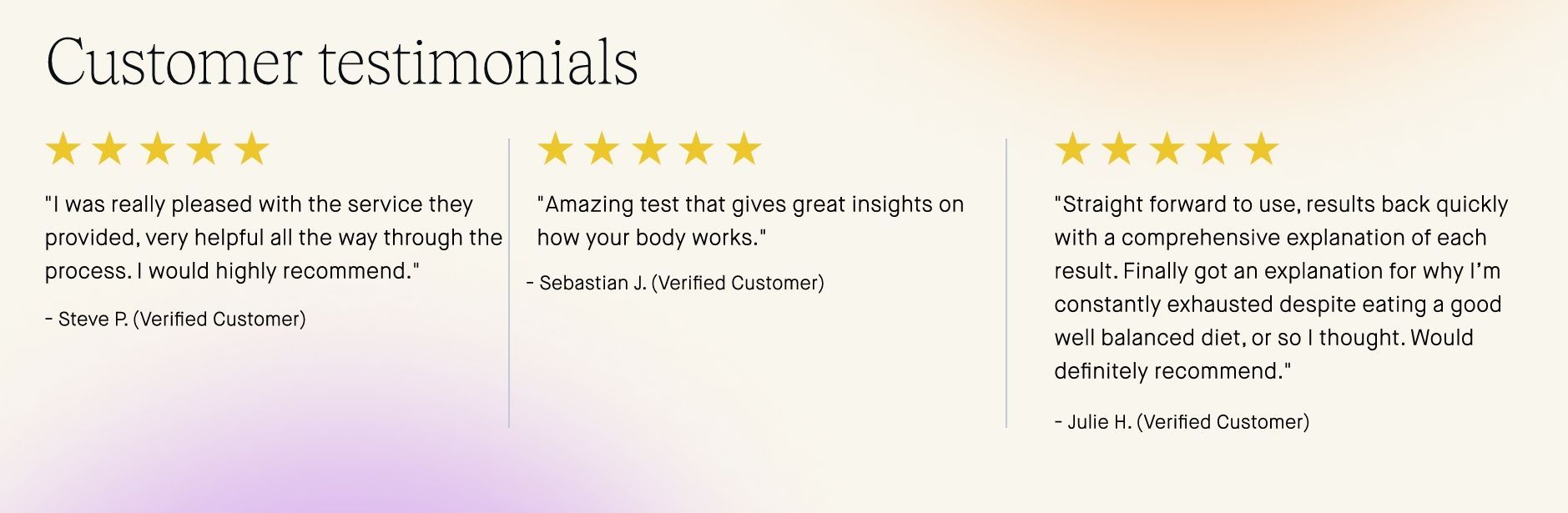 A customer testimonials section featuring three five-star reviews on a light, soft-toned background.