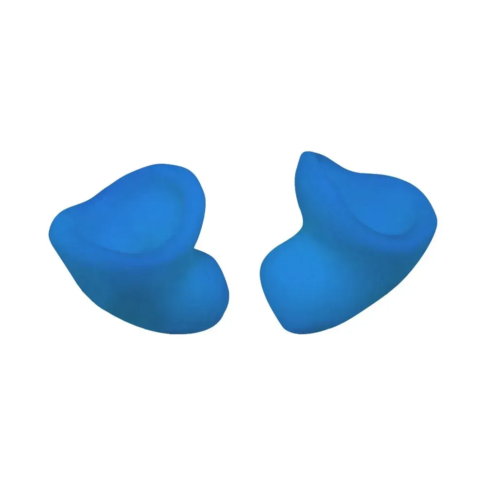 A pair of blue, custom-molded silicone earplugs set against a plain white background.