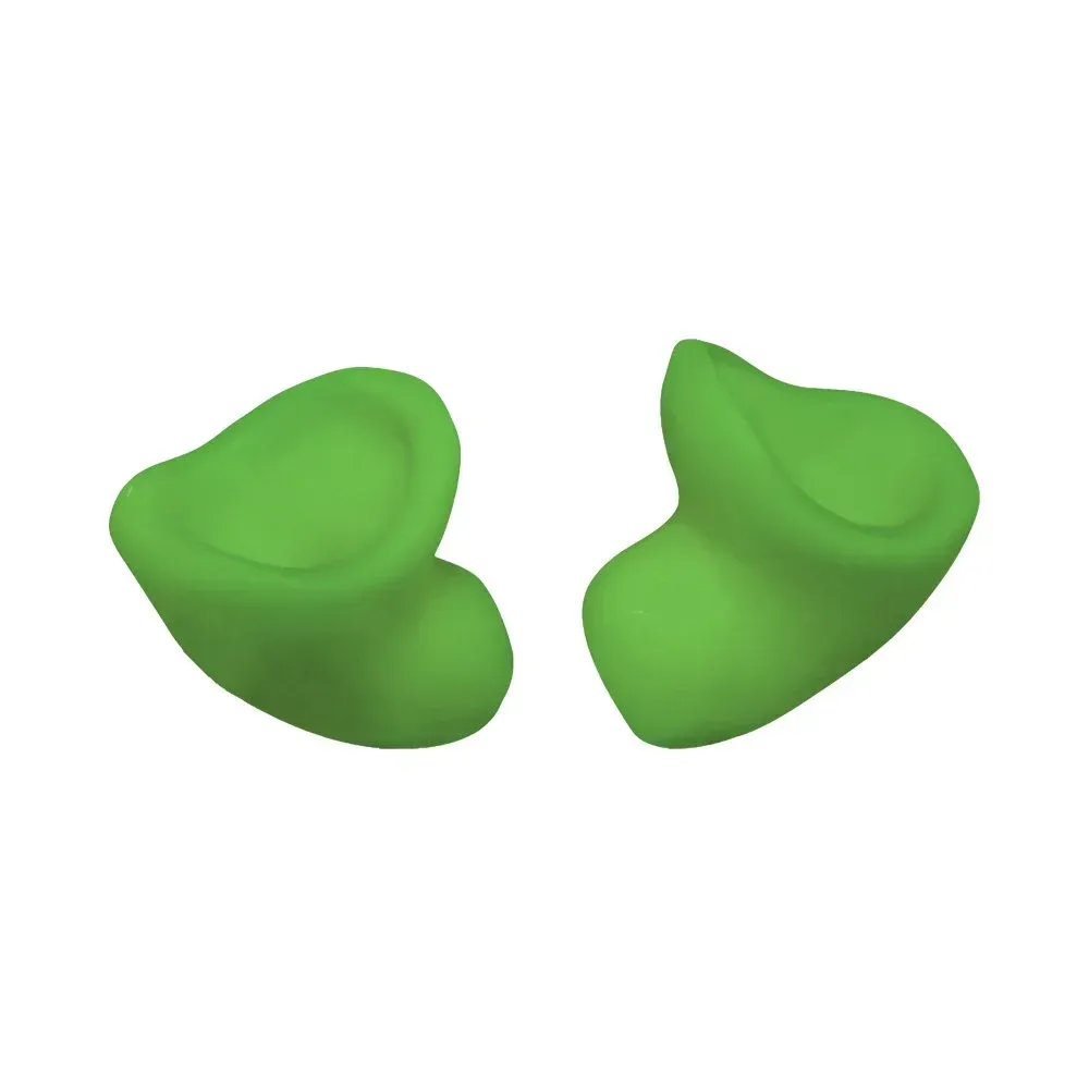 A pair of custom-molded, bright green earplugs shown against a white background.