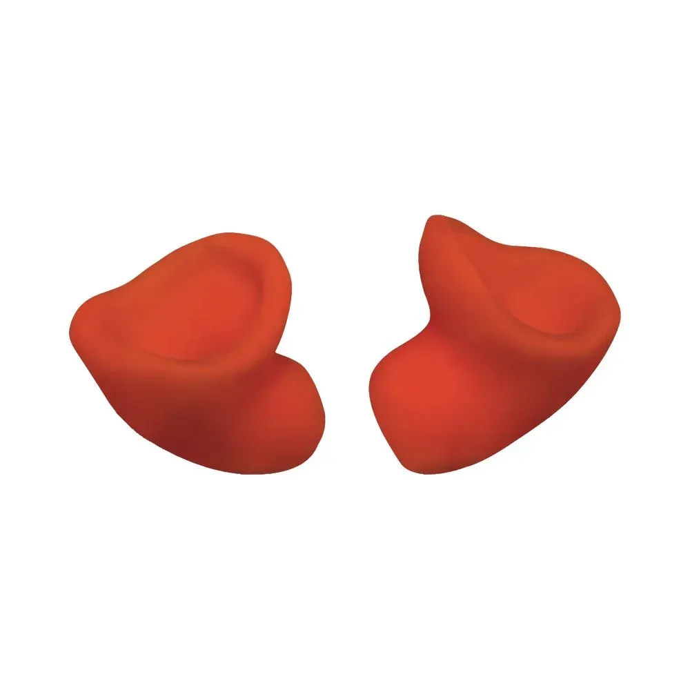 A pair of orange, bell-shaped earplugs positioned side-by-side against a white background.