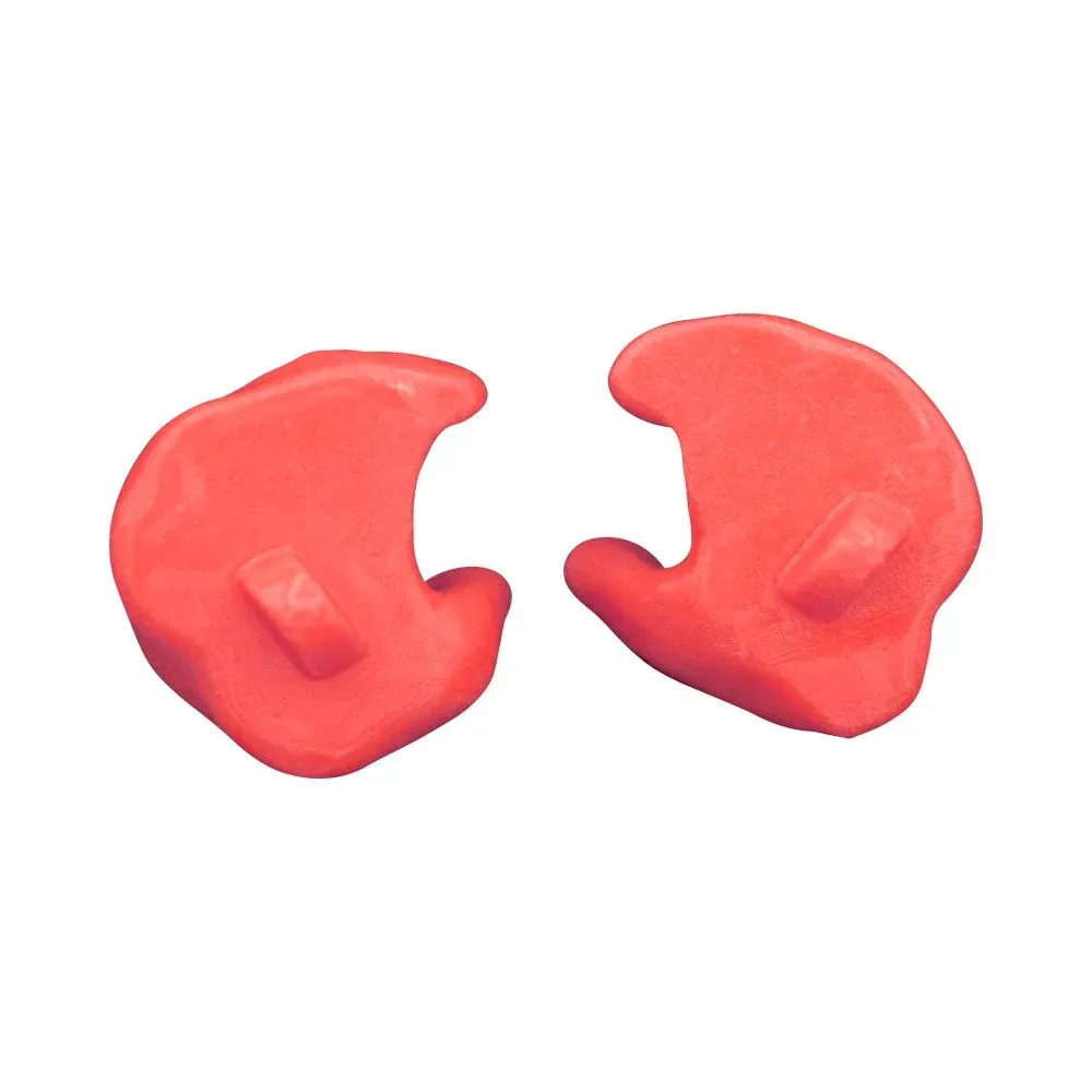 A pair of bright red, custom-molded silicone earplugs set against a white background.