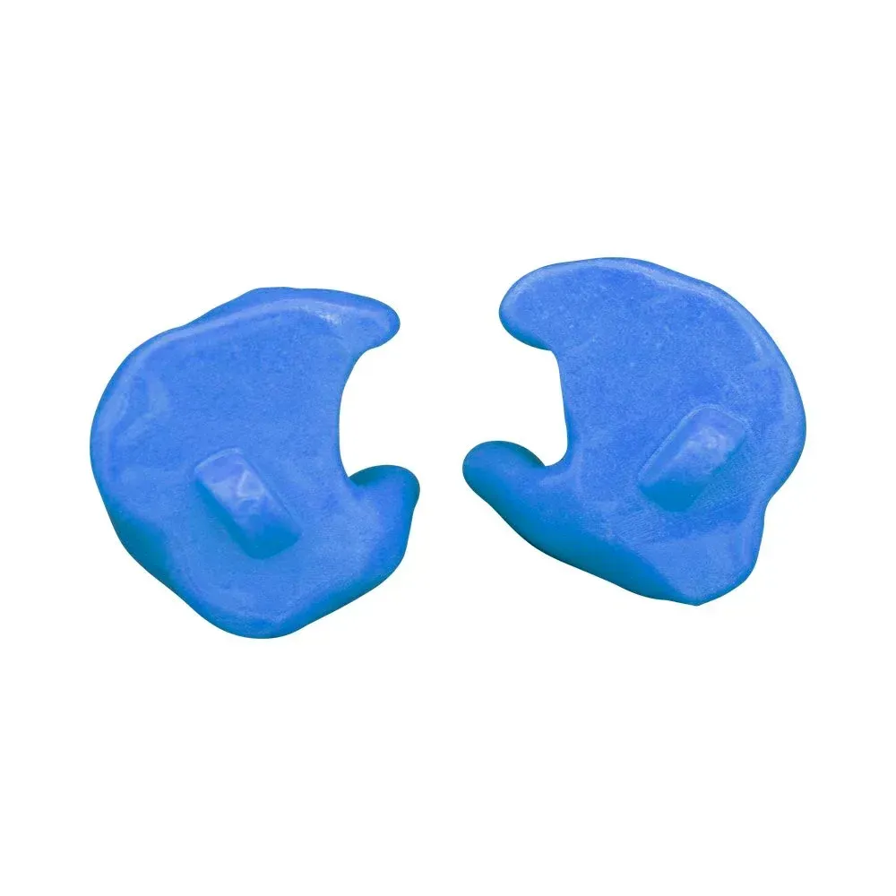 Two blue molded earplugs on a white background