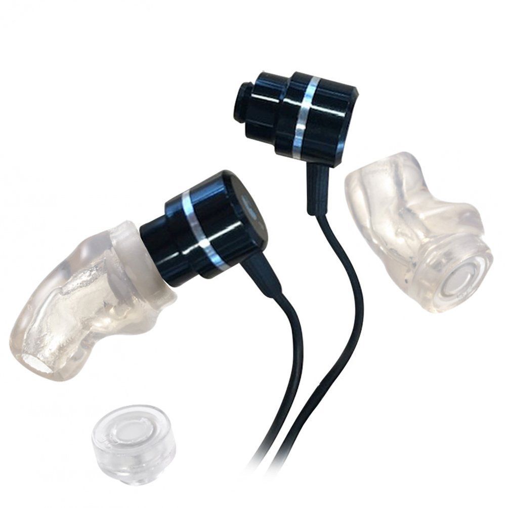Two black metal in-ear monitors with black cables, shown with detached clear silicone custom ear molds.
