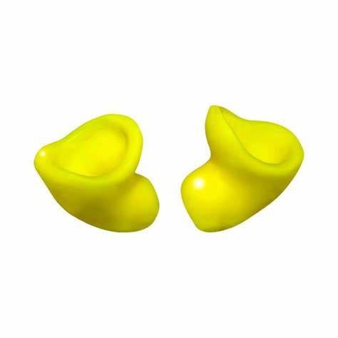 A pair of bright yellow, cone-shaped earplugs against a white background.