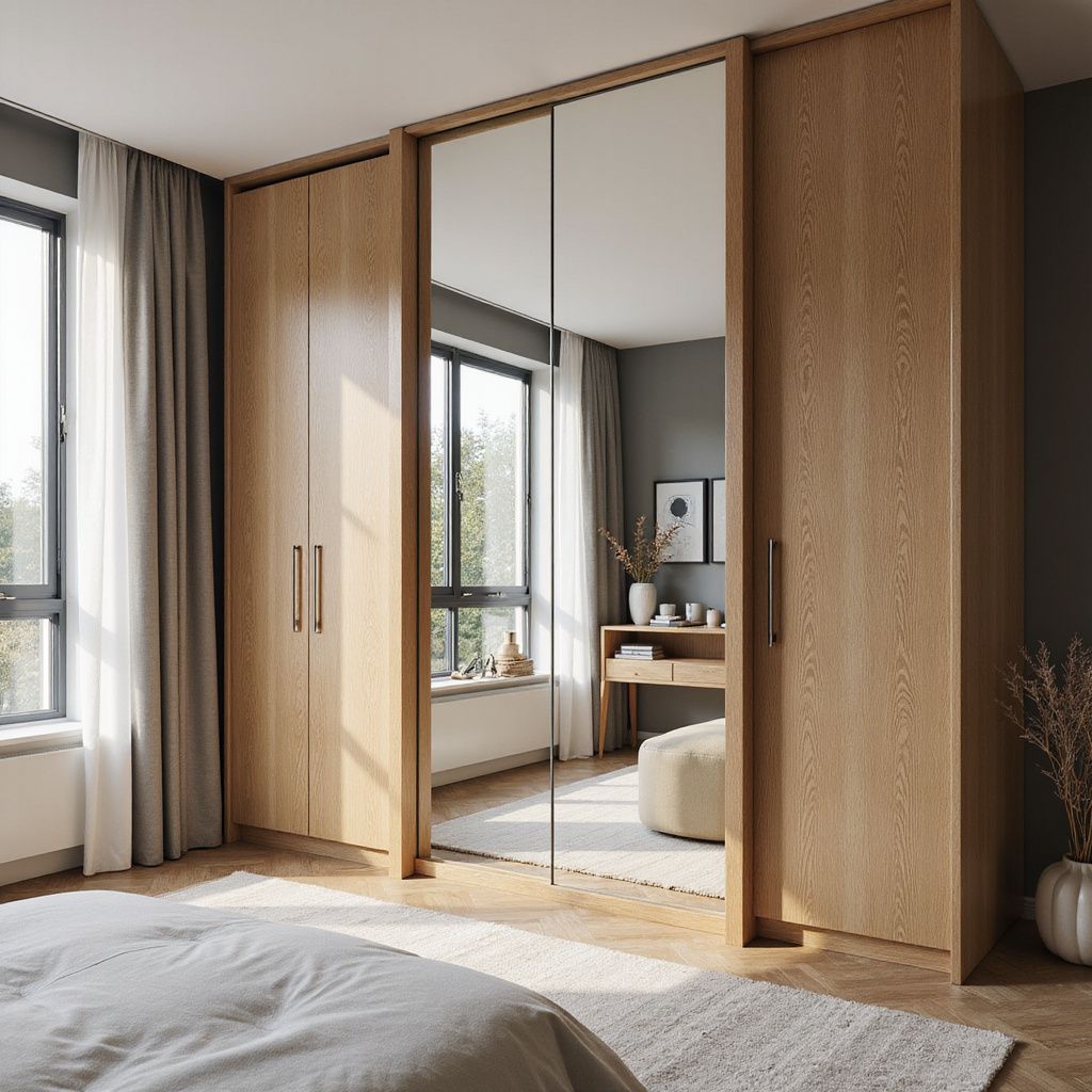 Bedroom with wood-paneled wardrobe, mirrored door, and natural light.