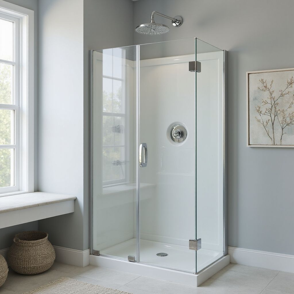 A modern white shower with glass doors, in a bathroom with a window and wall art.