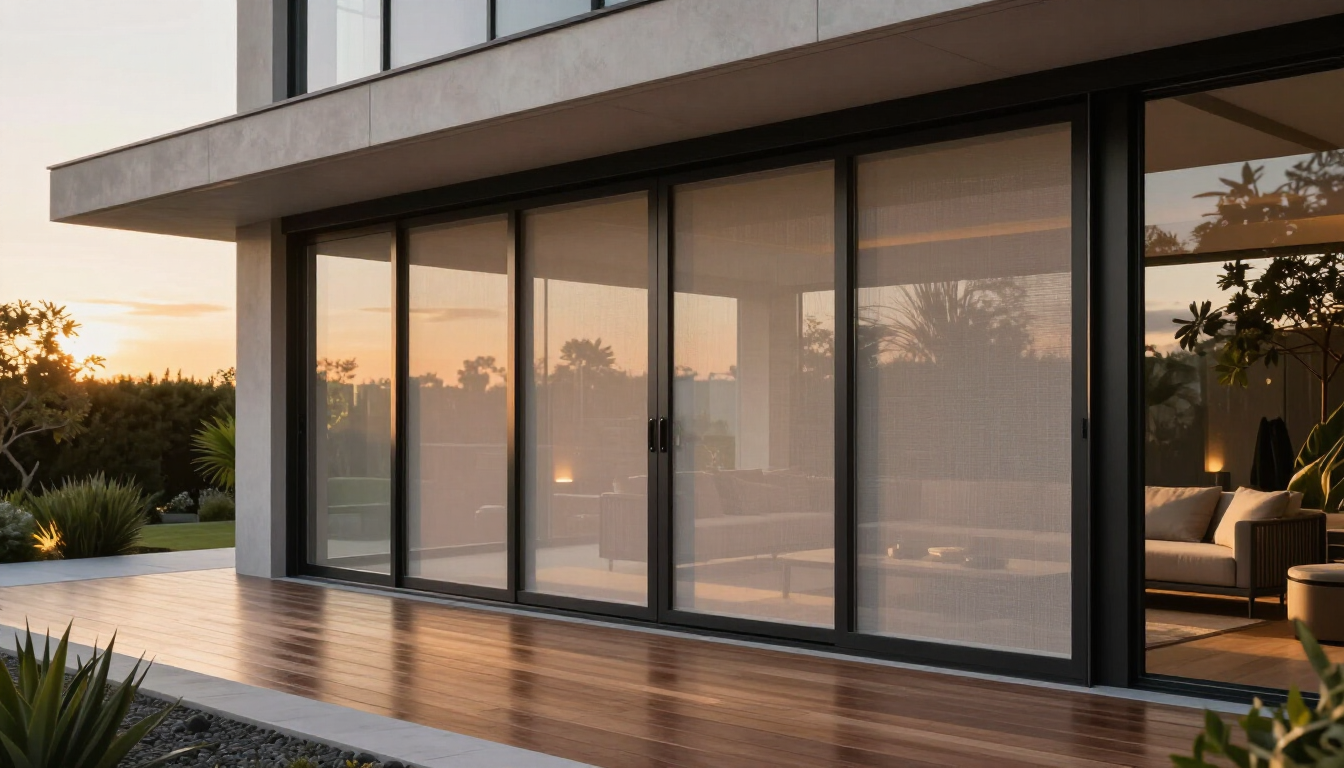 Close up of high quality retractable patio screen housing and mesh