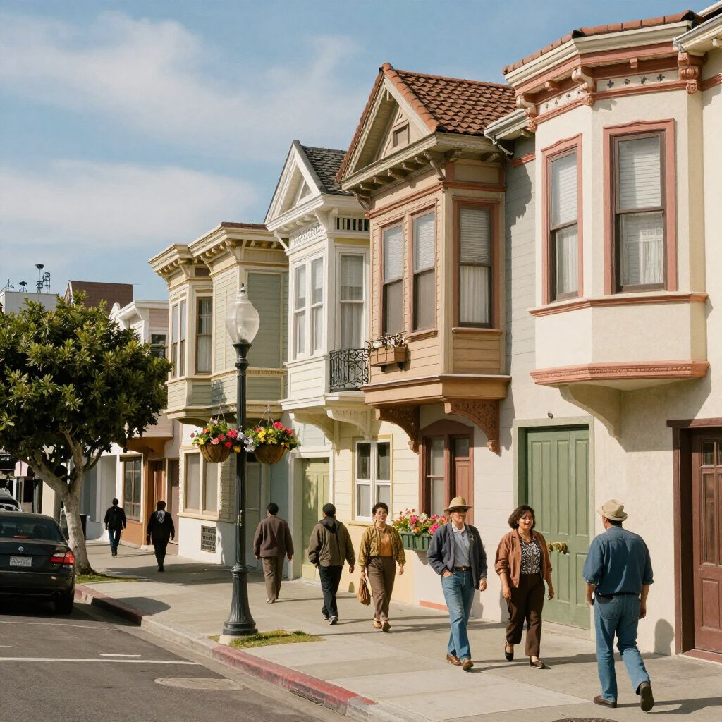 People walking on a sunny street lined with colorful Victorian-style houses