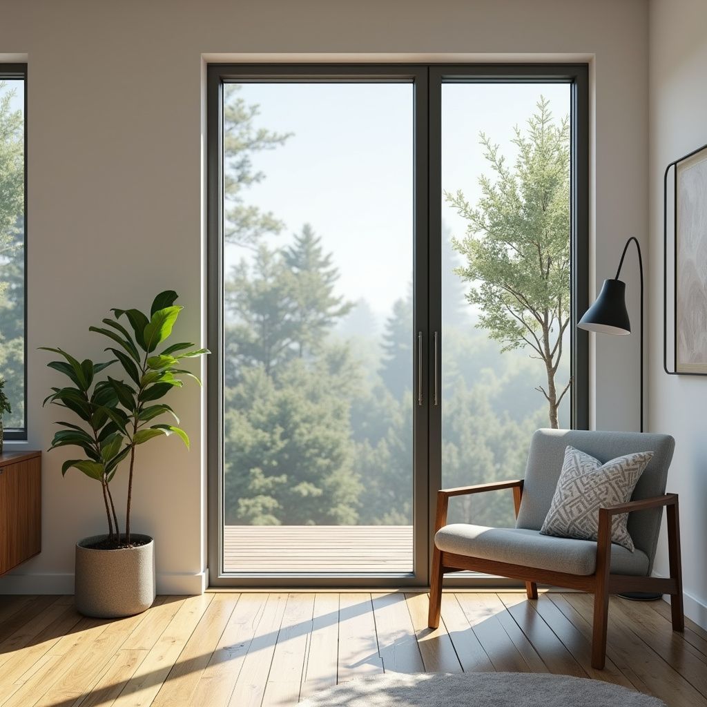 Bright living room with large sliding glass door overlooking a forest, wood floor, a chair, and a potted plant.
