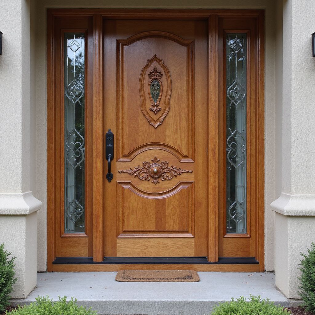 Wooden front door with carved detailing and side glass panels.