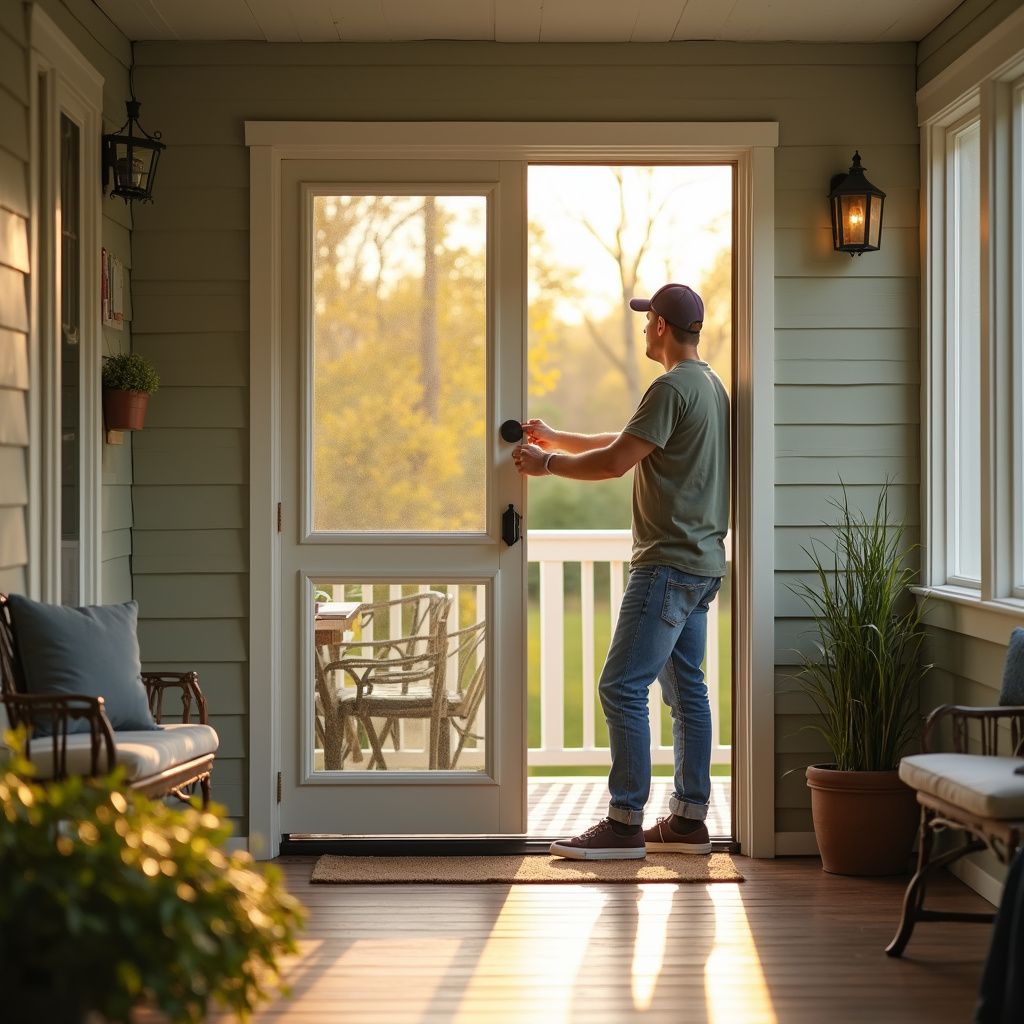 Man opening a screen door onto a sunny porch. Green walls, wooden floors, potted plants.