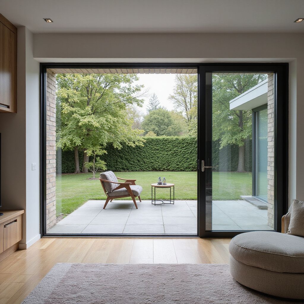 Interior view: sliding glass door open to a patio with armchair and table, leading to a backyard.