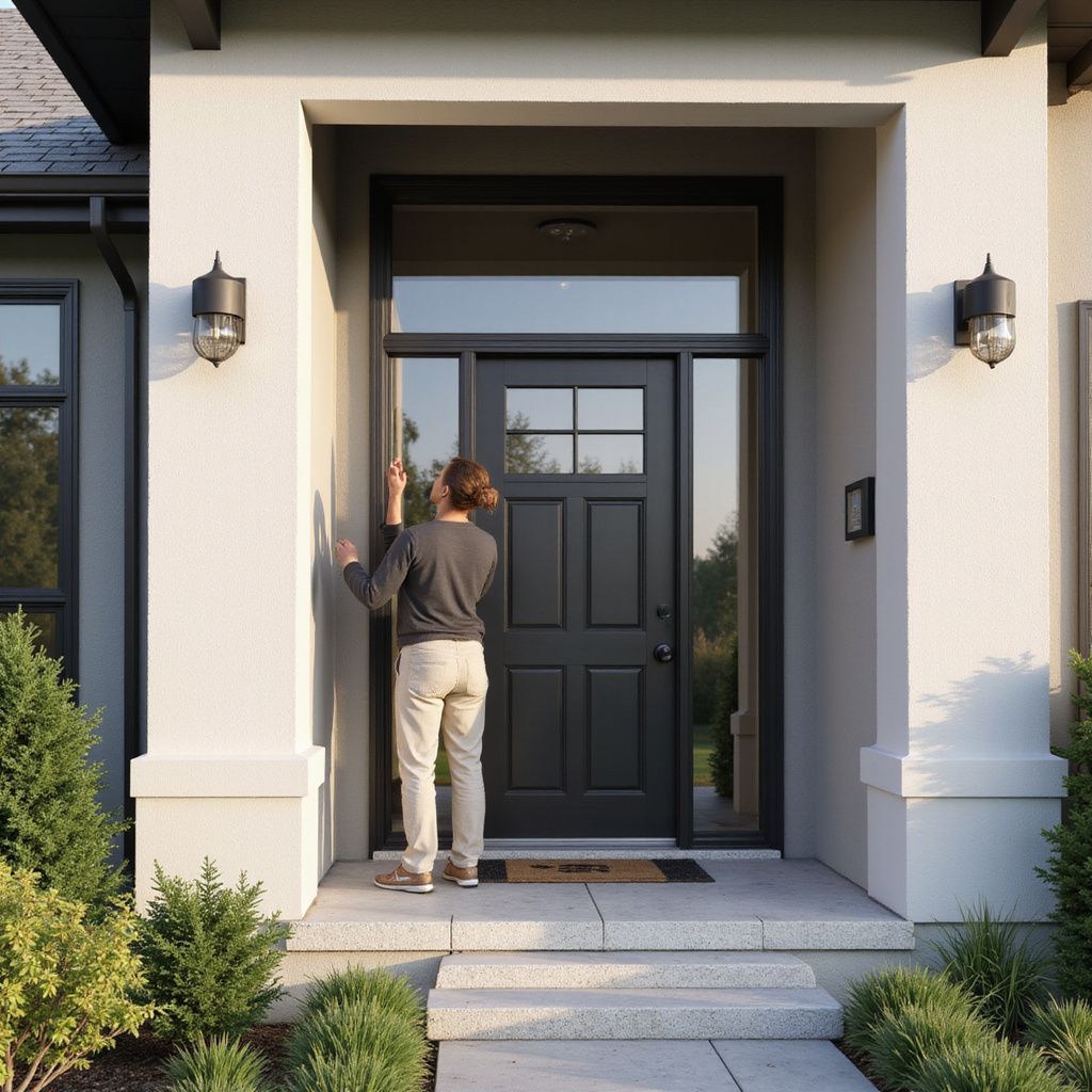 Person cleans window of a black front door with sidelight. Beige house, steps, bushes.