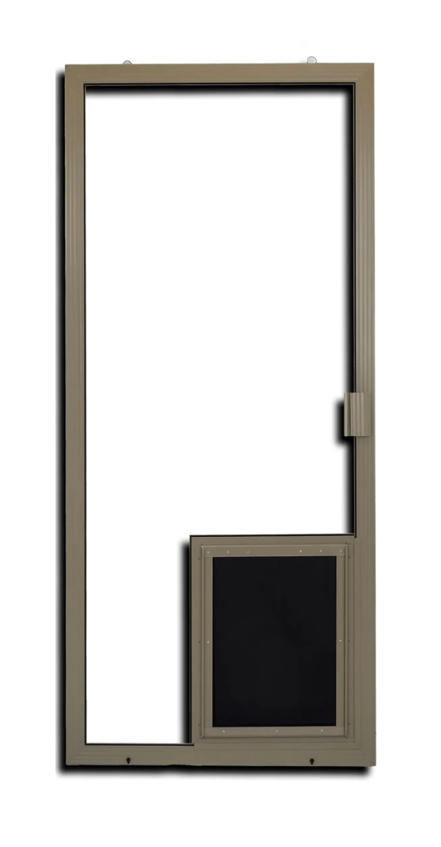 Open door with a small black panel at the bottom, framed in brown metal.