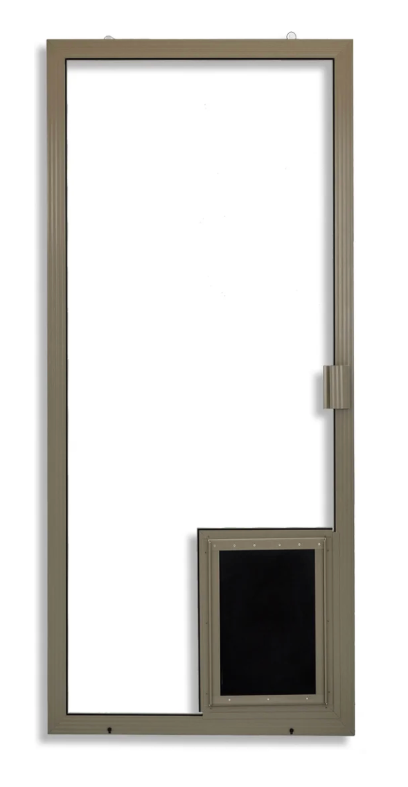 Beige-framed door with a small black pet door panel at the bottom right