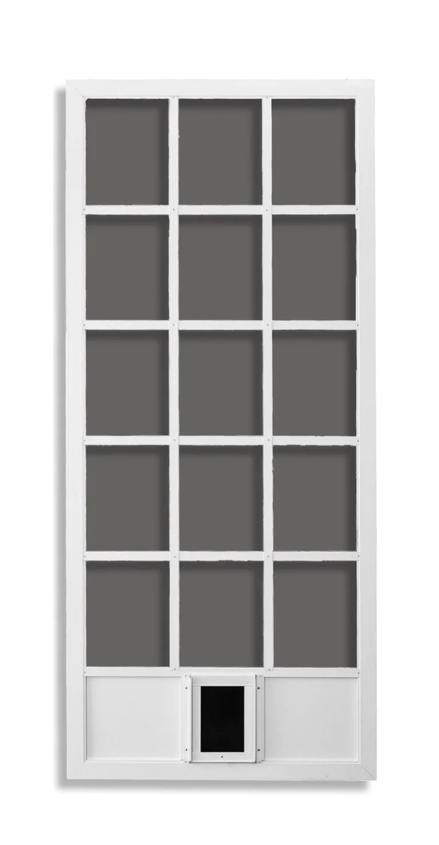 White rectangular display with a 3x5 grid of dark gray panels and a small black rectangle at the bottom center.