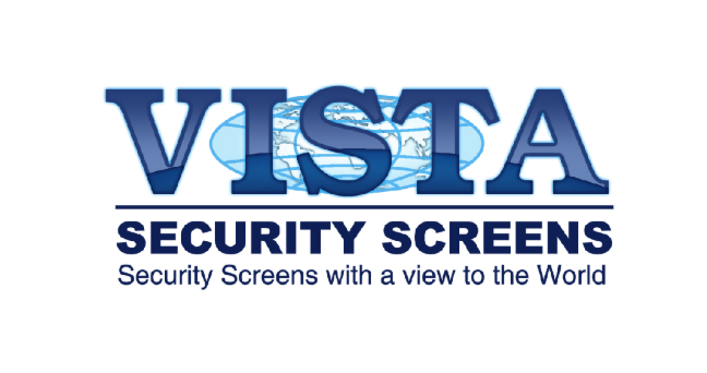 Vista Security Screens logo: Blue text with a globe and tagline