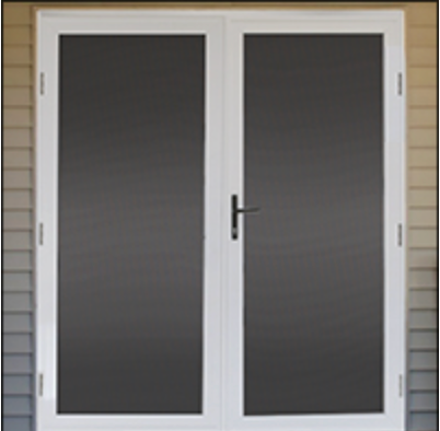 White double screen doors with black mesh.