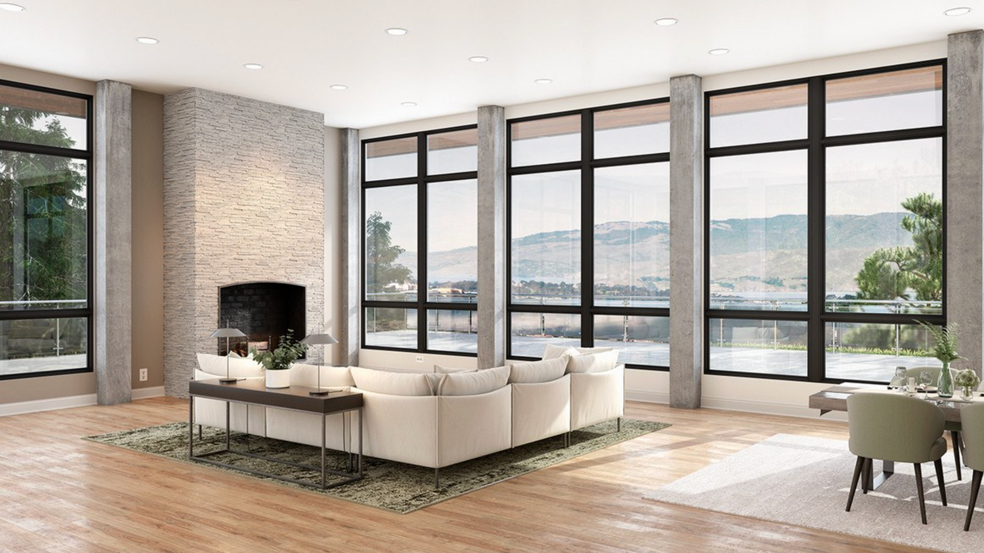 Open arched windows with white frames, overlooking greenery and a balcony.