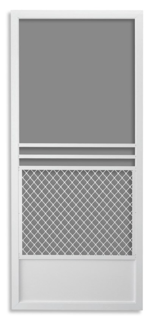 White-frame swinging screen door with mesh screen at Tashman Home Center