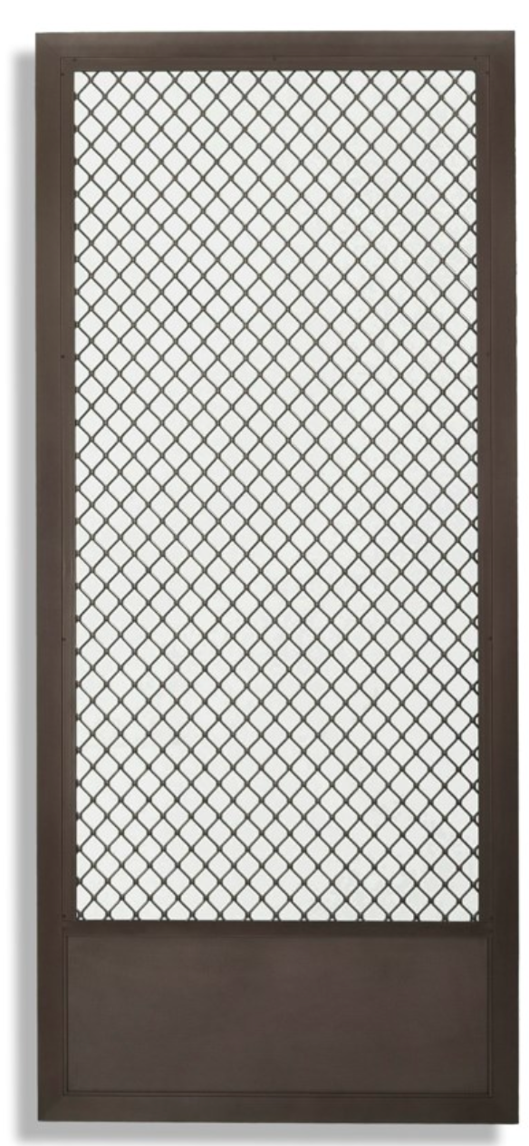 Dark brown swinging screen door with diamond metal grille at Tashman Home Center