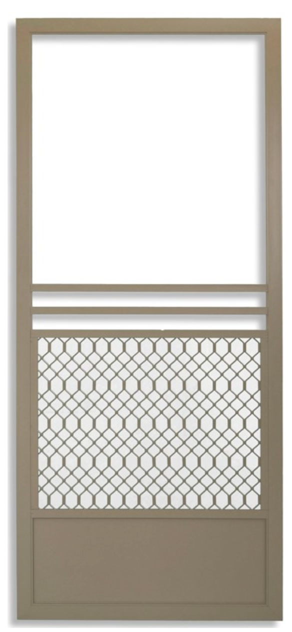 Tan wood-frame swinging screen door at Tashman Home Center