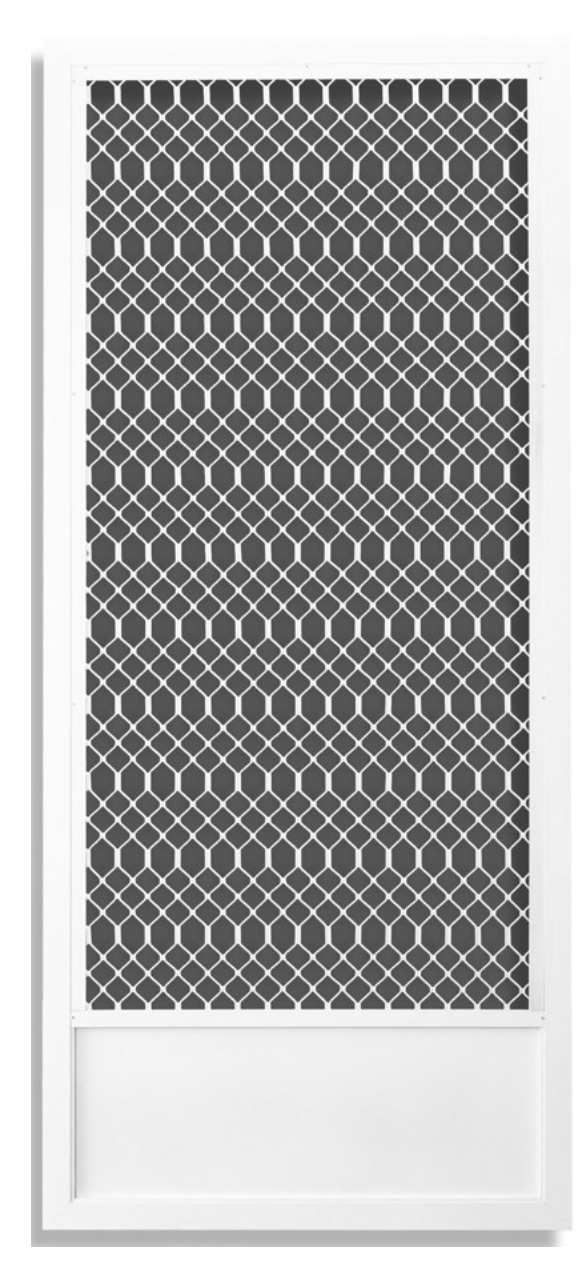 White swinging screen door with decorative honeycomb grille at Tashman Home Center