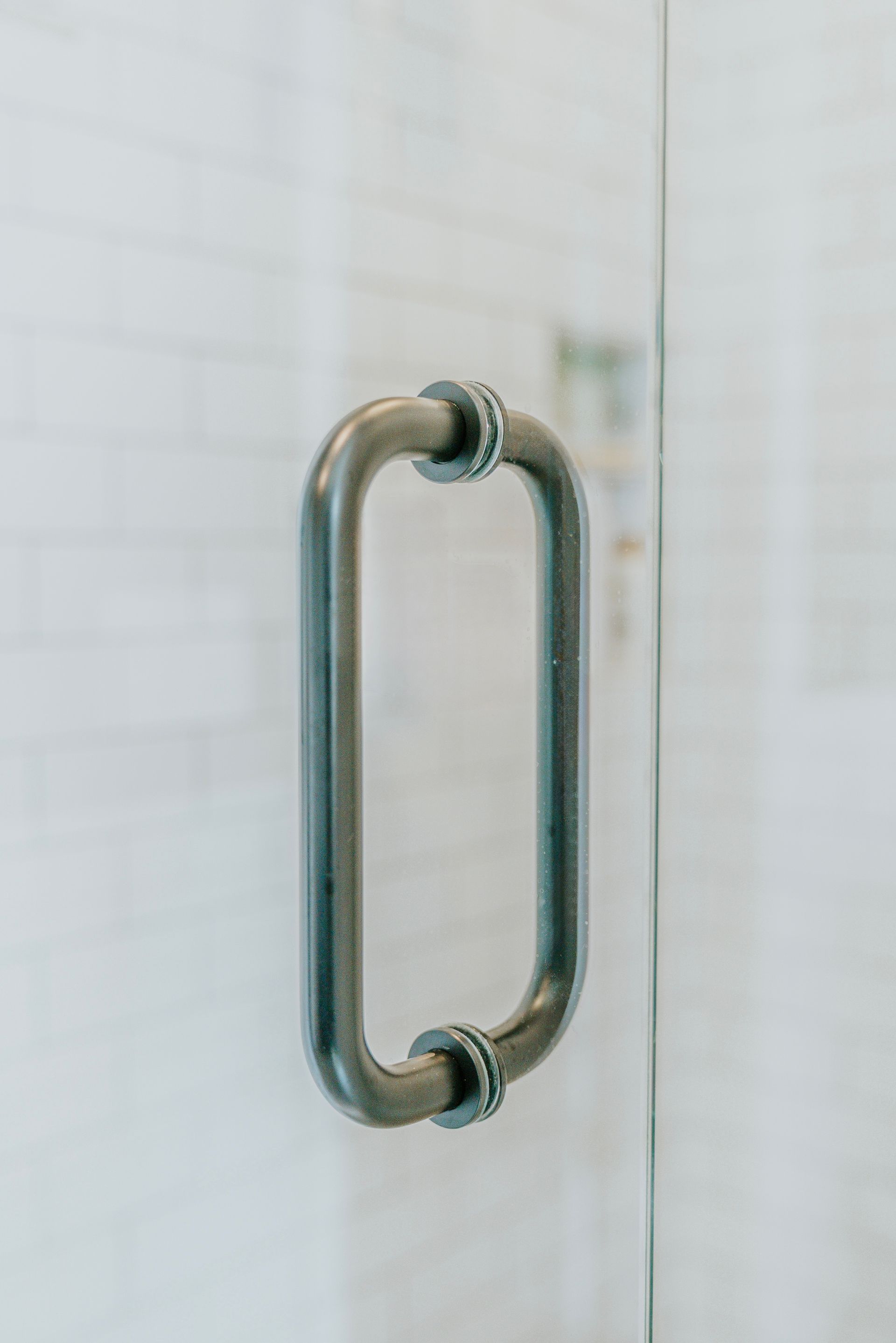 Silver shower door handle on glass.