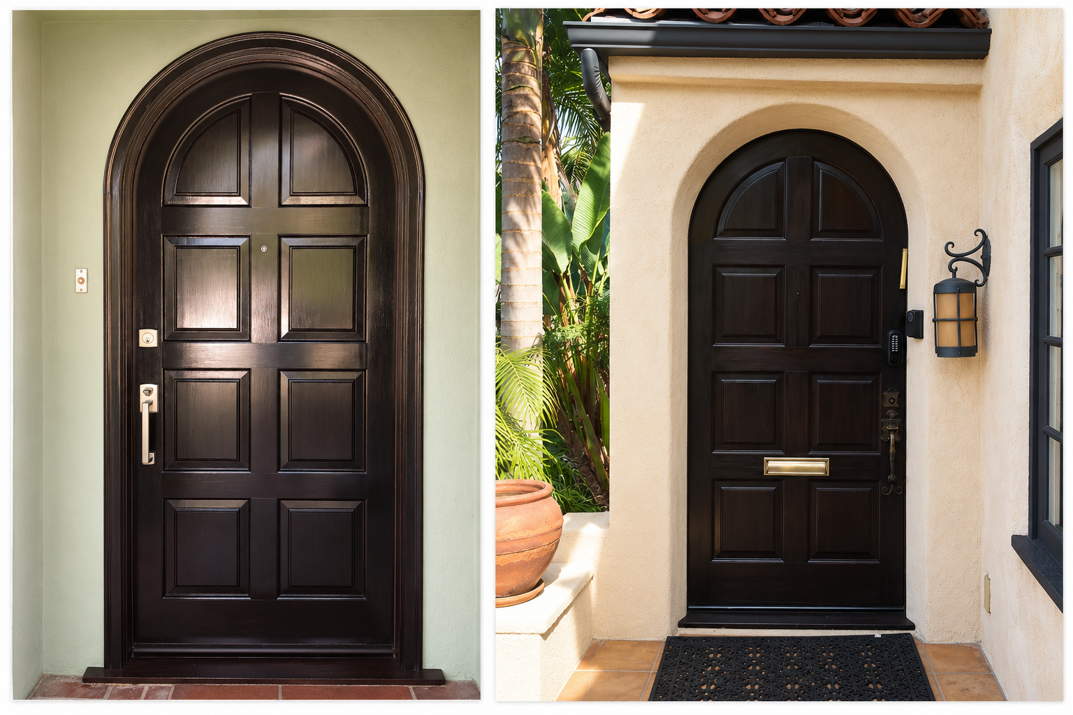 Two dark wooden arched front doors, one with ornate stone trim and one with cream stucco exterior.