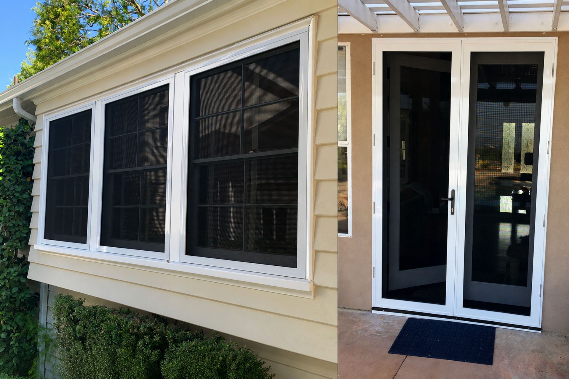 White-framed windows and a glass front door on a beige house exterior, with a black doormat.