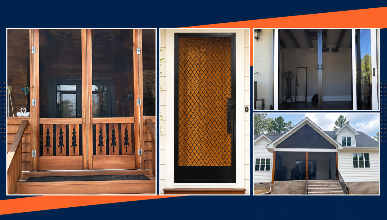 Collage of home entryways and a porch with wood doors, decorative panels, and blue shutters