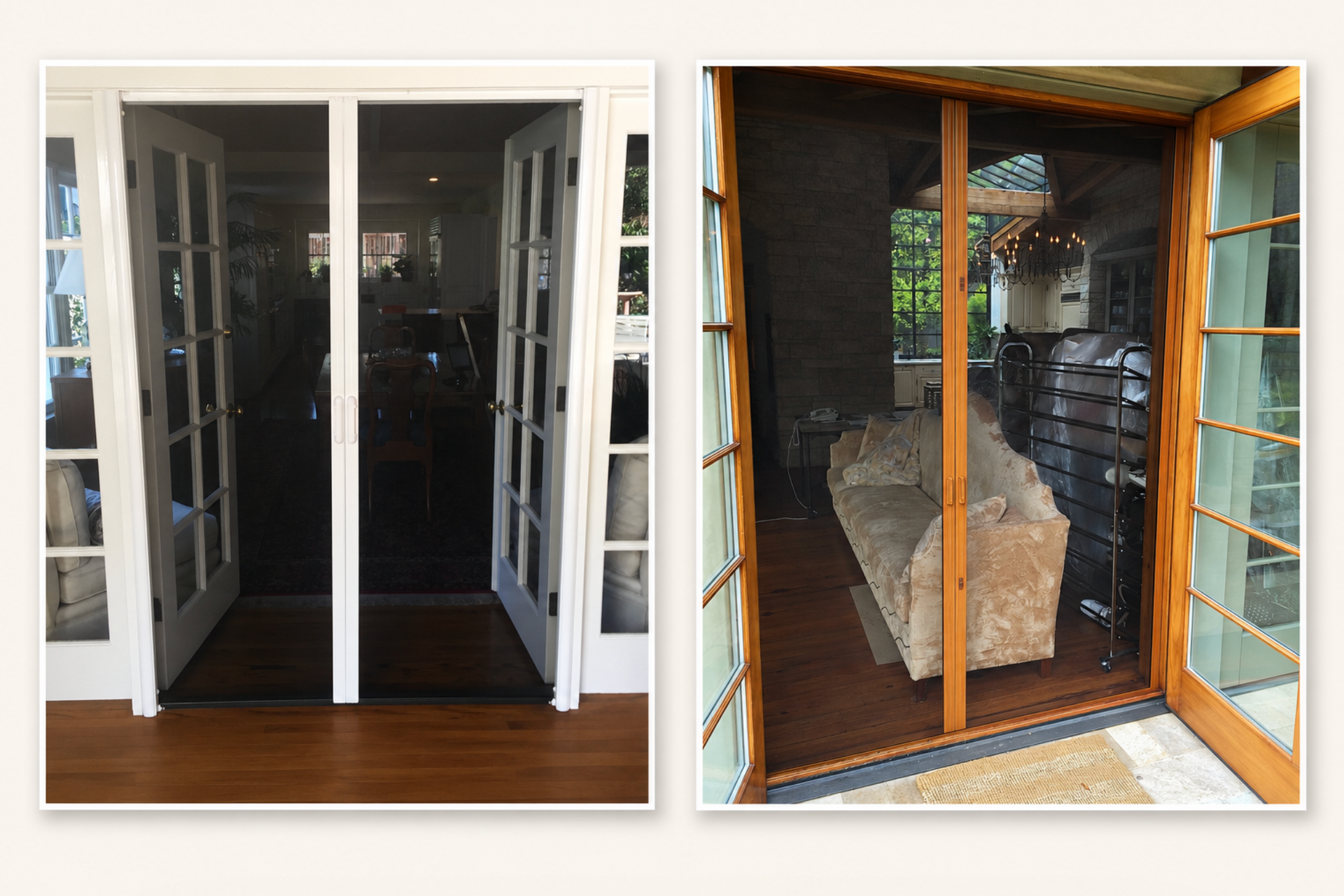Double front doors with narrow glass sidelights, shown open from inside and outside a house
