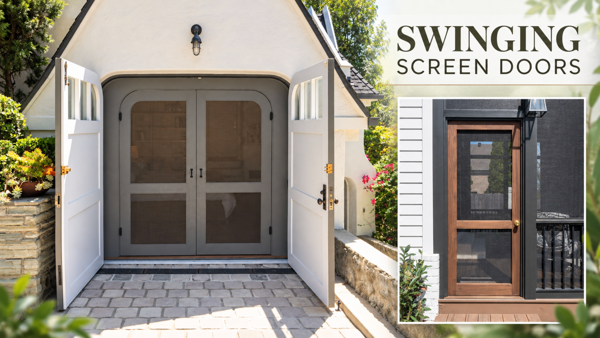 Modern house entry with a gray swinging screen door and inset window, plus a smaller door inset inset on the right