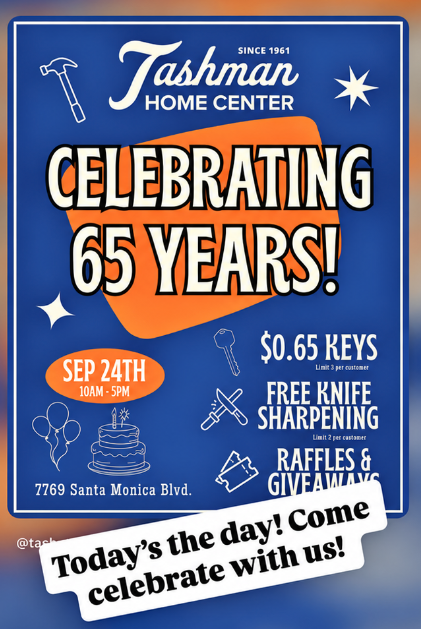 Blue Tashman Home Center 65th anniversary sale flyer with orange and white text and September 24th event details