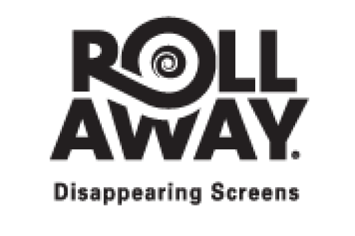 “ROLL AWAY” logo with spiral O and the tagline “Disappearing Screens”