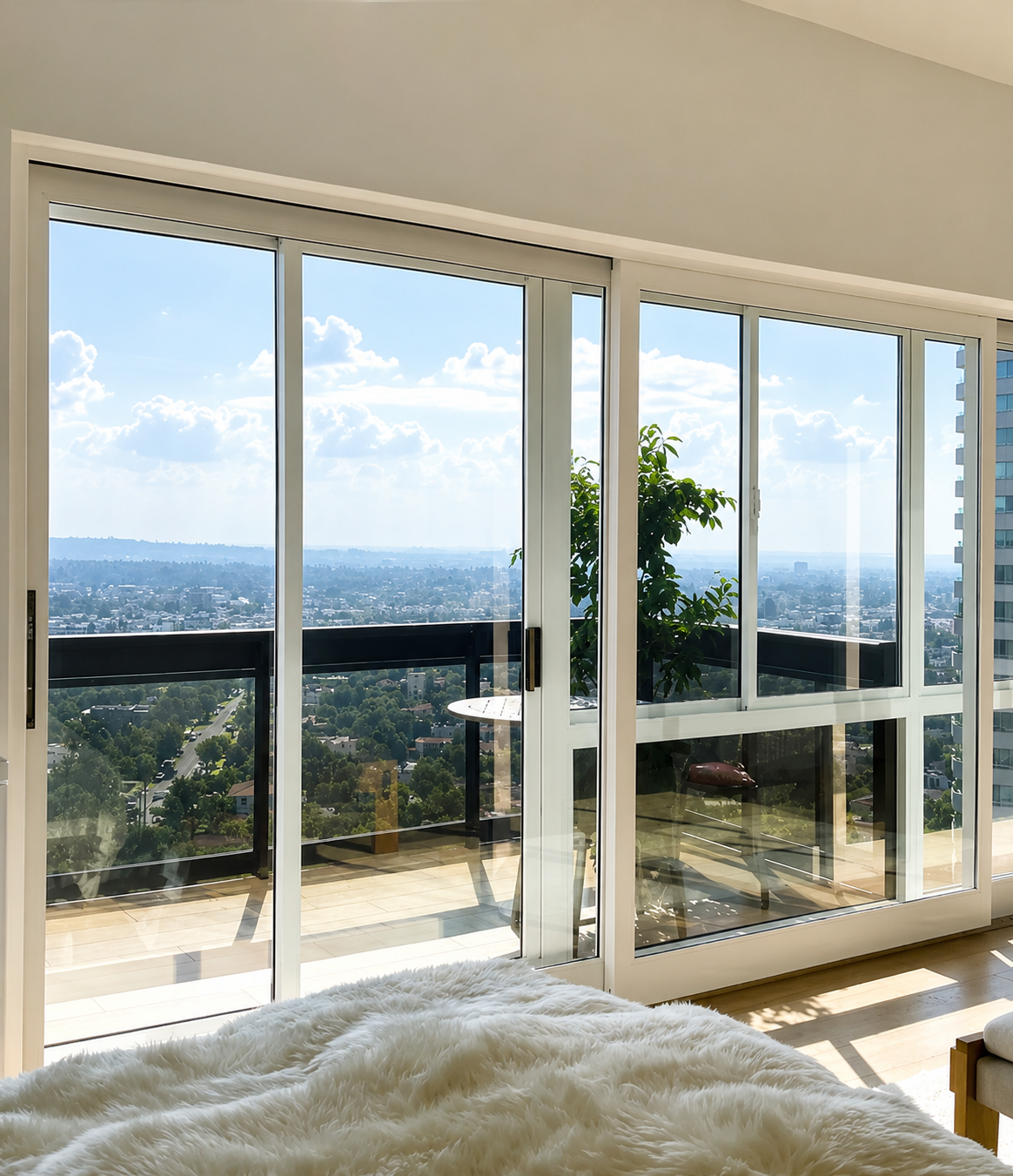 Soundproof sliding glass door in a bedroom opening to a balcony with a wide city view in a Beverly Hills home